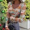 Women's Winter Slim-Fit Base Layer T-Shirt Fashionable Christmas Print V-Neck Pullover Long-Sleeved Top