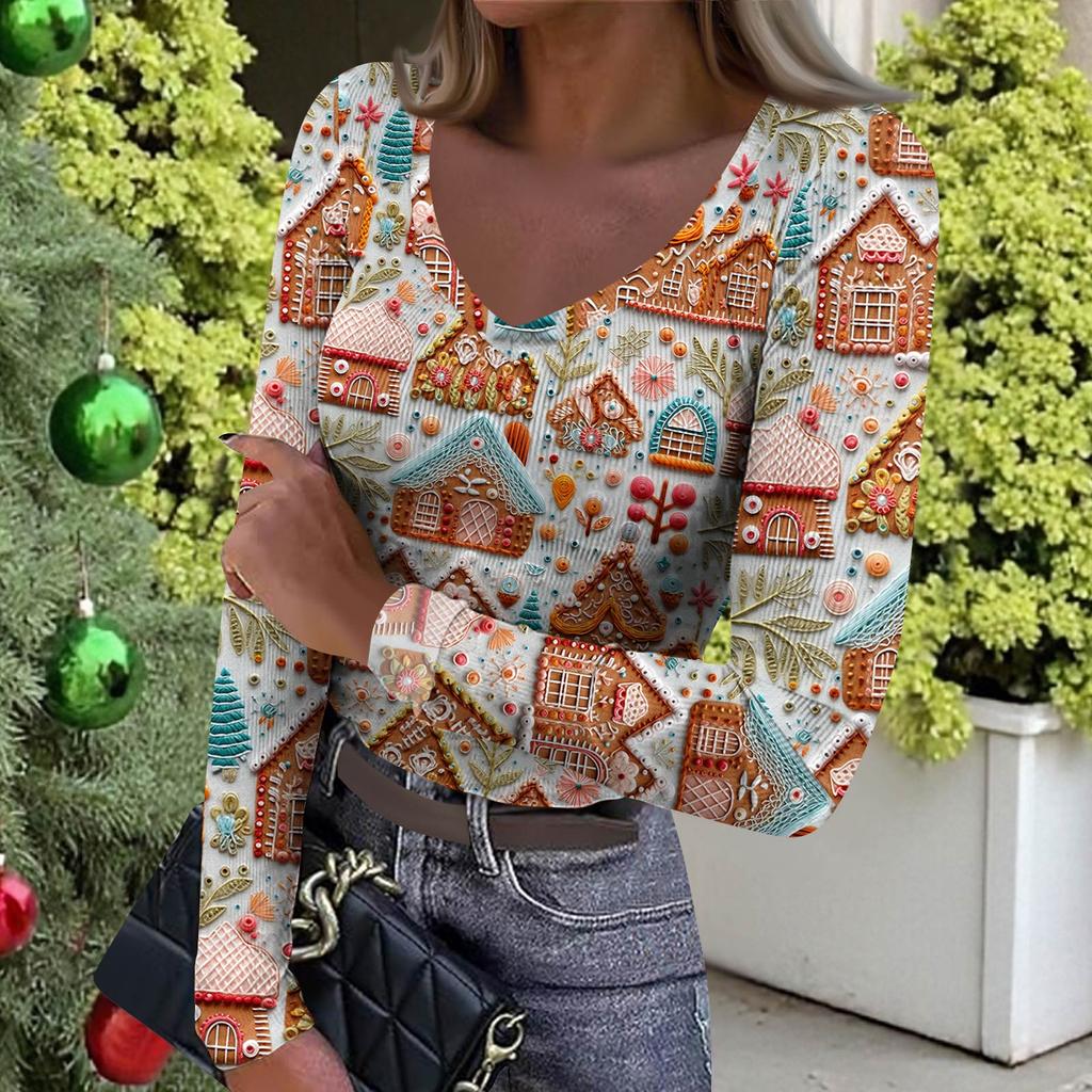 Women's Winter Slim-Fit Base Layer T-Shirt Fashionable Christmas Print V-Neck Pullover Long-Sleeved Top