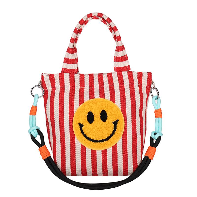 2025 Summer New Korean Cute Contrasting Striped Smiley Face Bag Casual Handbag Versatile Commuter Shoulder Bag
