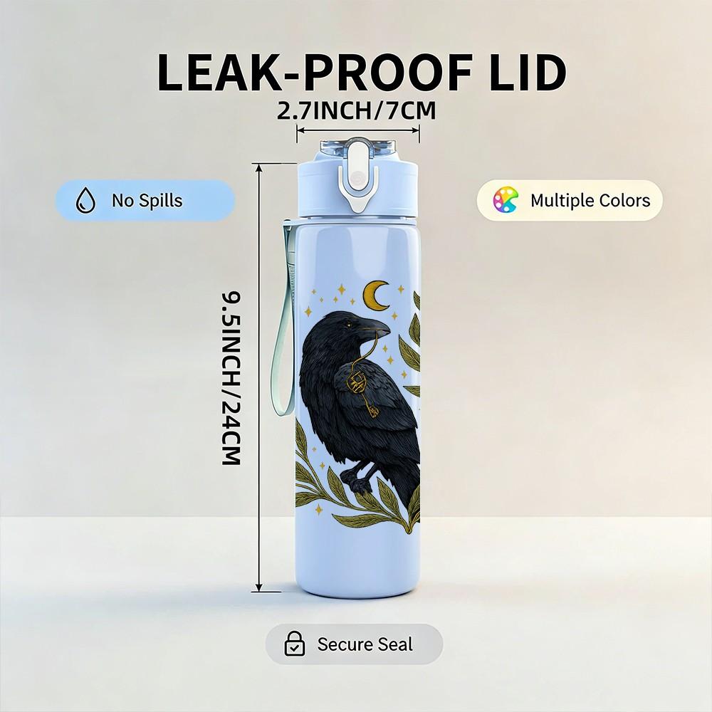 1PC Wreath Black Raven Print 750ml Color Plastic Sports Water Bottle Leakproof Flip Straw Lid Suitable for Sports Office Home Use