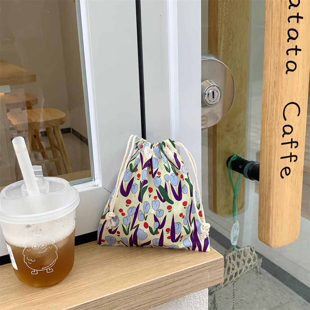 Adorable Tulip Drawstring Storage Bag Trendy Canvas Makeup Organizer Small Tote