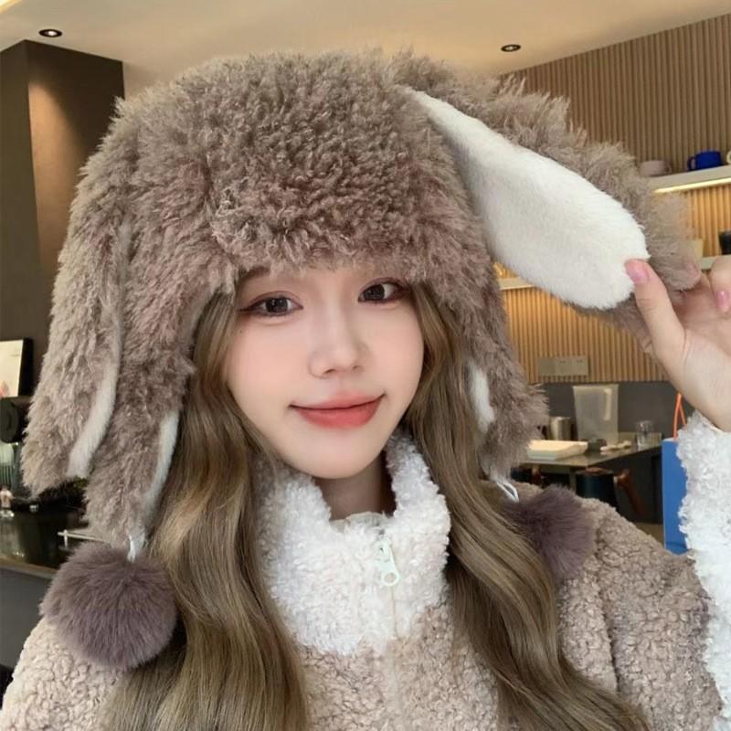 Winter Thickened White Plush Cartoon Rabbit Ears Female Age Reduction Sweet and Cute Ear Protection Warm Pullover Cap