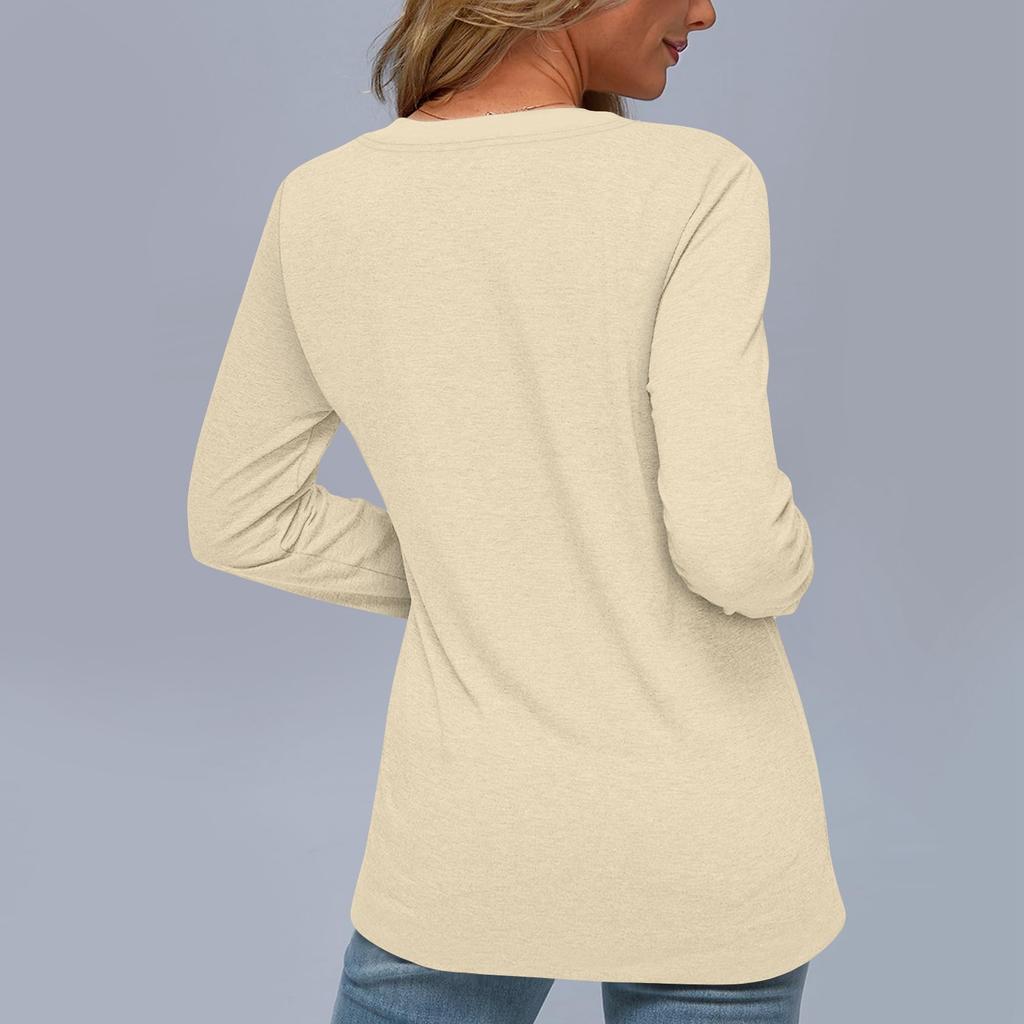 Dámské módní tričko Vintage barevně ladící s dlouhým rukávem a výstřihem do V