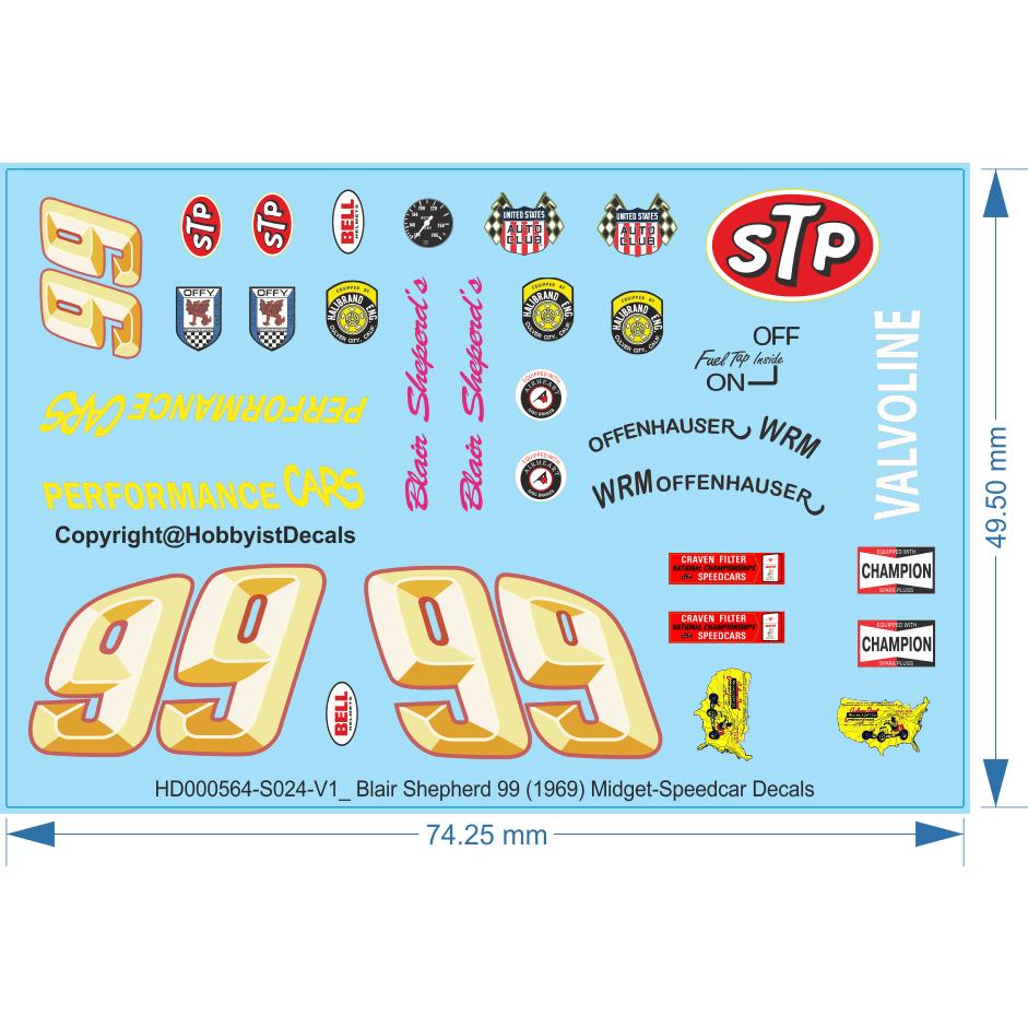 Blair Shepherd '99' Midget-Speedcar Decals - 1/24 1/32 1/64 - Water Decal - Waterslide, 1/24