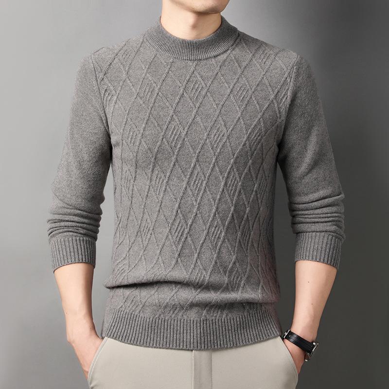 Men's 100% Wool Round Neck Winter Sweater, Casual Business Jacquard Knitwear