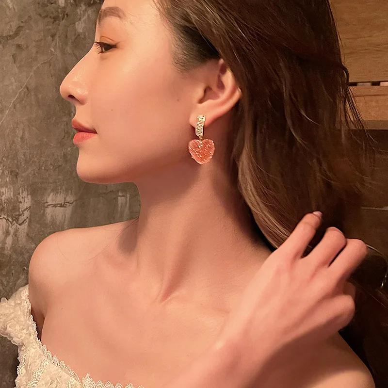 2023 New Arrival Trendy Lovely Pink Heart Dangle Earrings For Women Fashion Cute Sweet Crystal Jewelry Girl Gifts