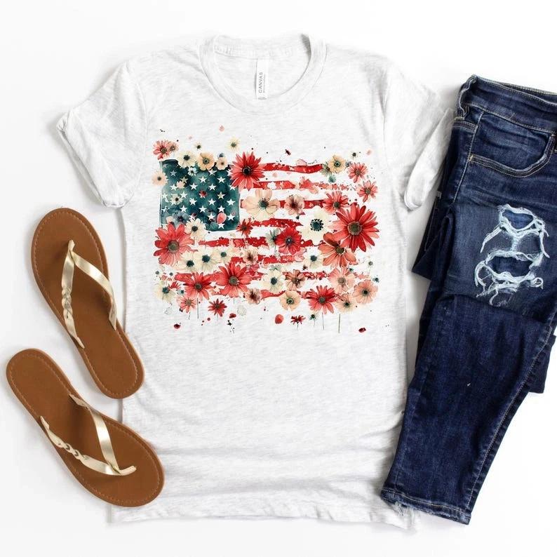 Floral American Flag Shirt Women Boho USA Patriotic 4th of July Tee 2XL