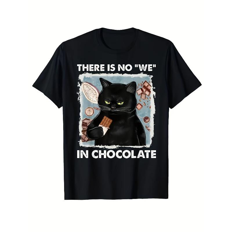 No We Chocolate Cat T-Shirt Classic Black Daily Wear Casual Travel Sports Elastic Art Design