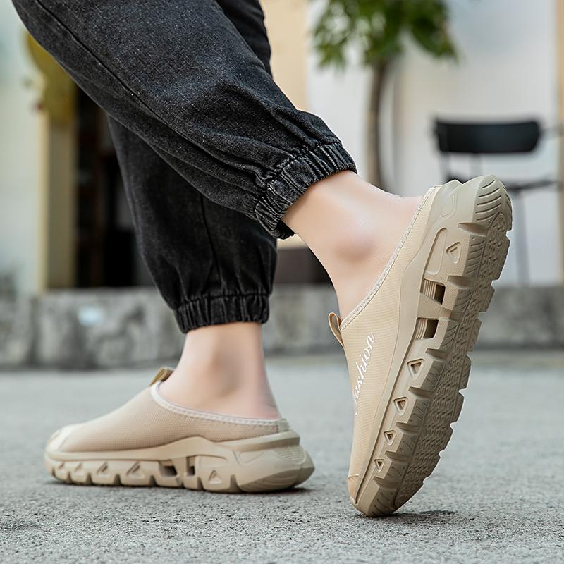Black Mens Half Slippers Summer Breathable Mesh Mens Shoes Outdoor Casual Walking Shoes Large Size 46 Flat Light Mesh Sandals