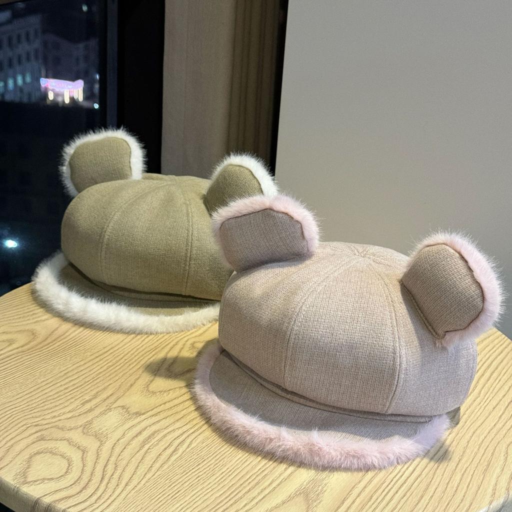 New autumn and winter cute cat-ear brown newsboy cap for women, versatile and face-slimming, trendy beret