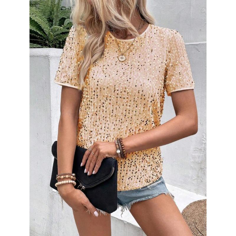 Top da Donna Rosa con Paillettes a Manica Corta Girocollo Casual da Festa Vestibilità Larga Camicetta Maglietta
