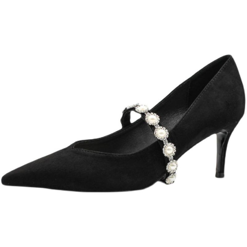 

Summer spring pointed pearl lettering strap stilettos women s new Mary Jane 39 чёрный