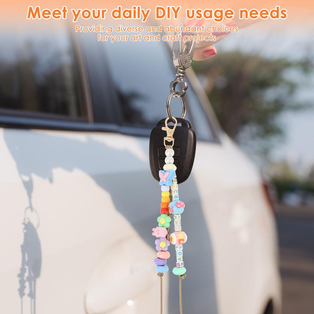 DIY Beaded Keychain Making Kit Acrylic Bow Bear Heart Star Letter Flower Cartoon Rhombus and Flat Beads Key Chain Charm Supplies