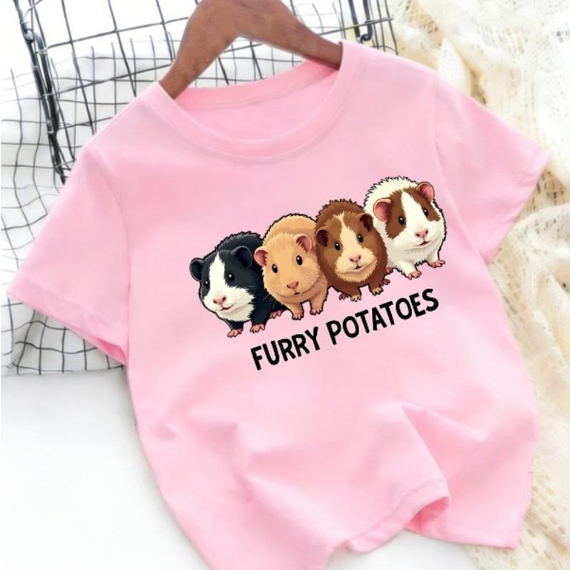 Children Crew Neck Short Sleeve T-Shirt with Cartoon Guinea Pig Print