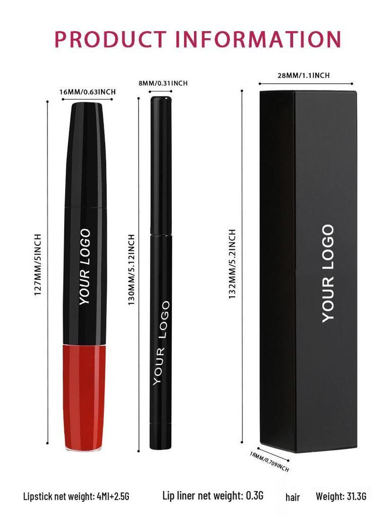 Three-in-One Matte Lipstick Set: Lipstick, Lip Liner, and Moisturizing Lip Gloss