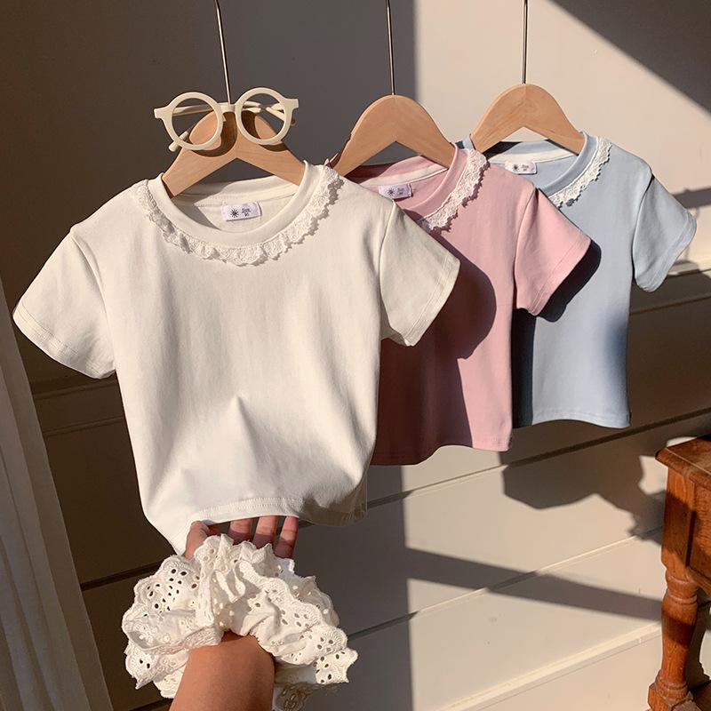 Girls' Casual Lace-edged Short-sleeved T-shirt For Summer, Children's Cute Top