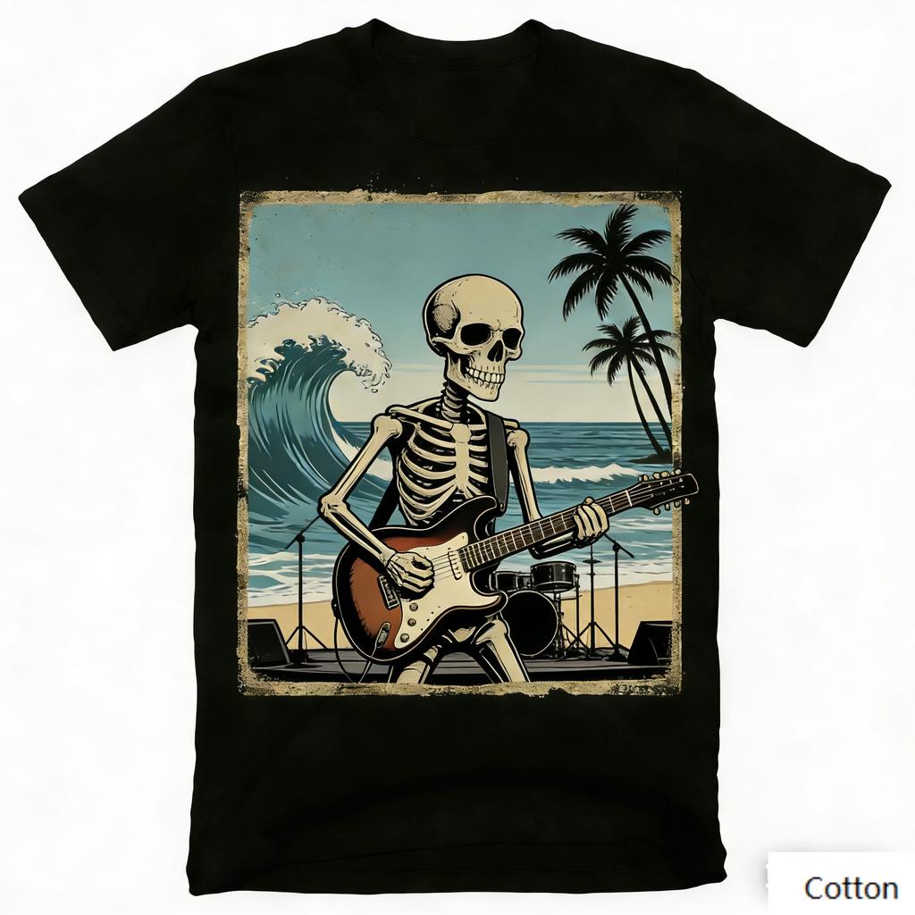 Vintage Skeleton Rocker Graphic T-Shirt Beach Guitar Wave Print Cotton Short Sleeve Casual Unisex Tee Retro Rock Style Top