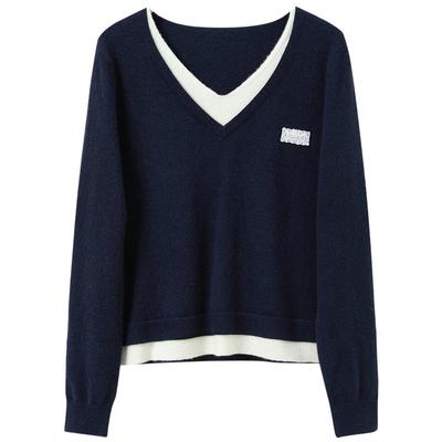 Sancai Plus Size V-Neck Faux Two-Piece Knit Top