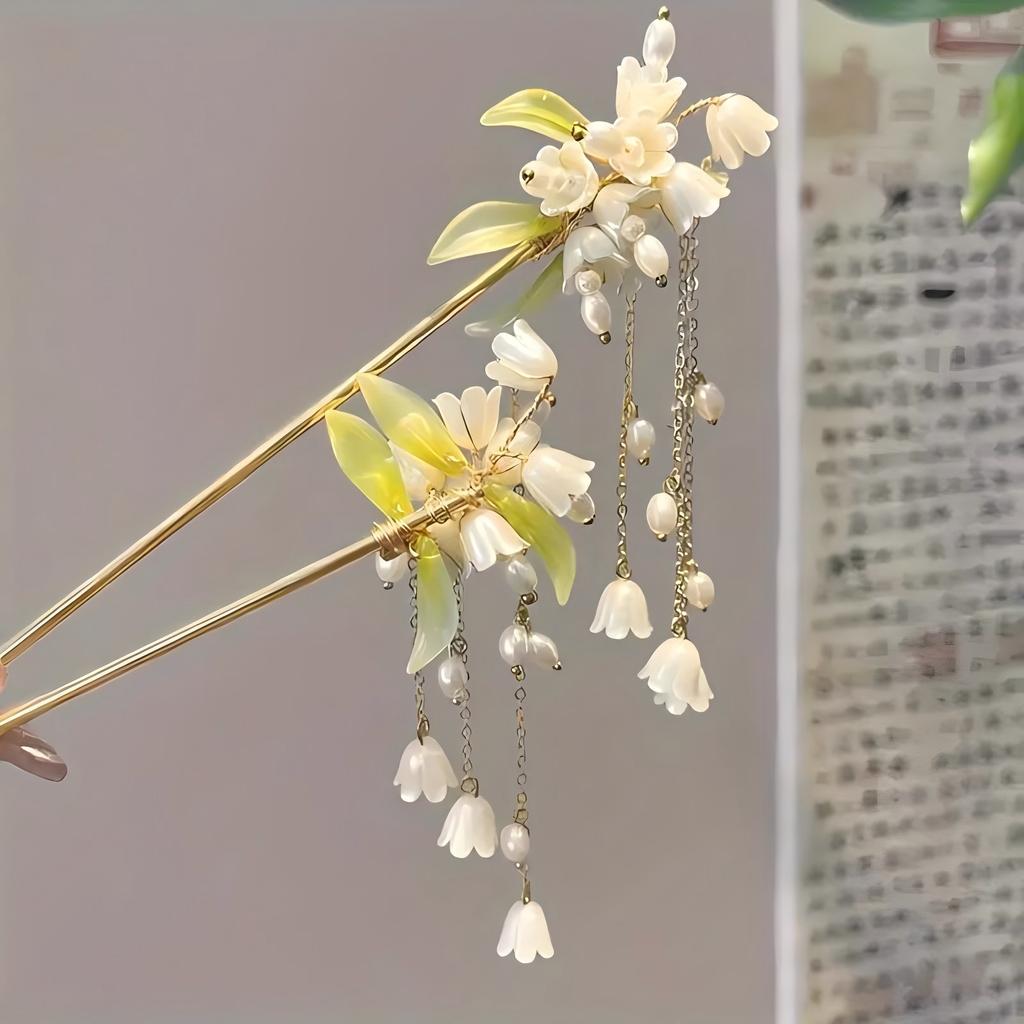 1pc White Lily of the Valley Hairpin Fairy Tassels Ancient Style  Chinese Style Headwear Handmade Hair Accessories Hair Needle
