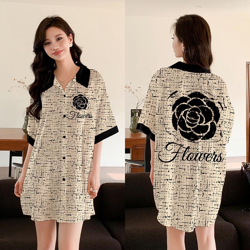 Ropa de Dormir Cómoda de Verano para Mujer Botones Delanteros Seda de Hielo Ropa para el Hogar Suelta Casual Estampada para Descansar