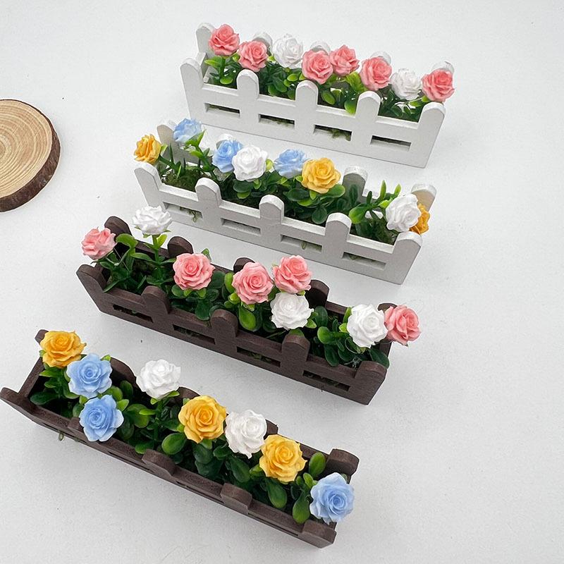 Miniature Rose Fence Flower Set: Figurine Photo Props & Mini Potted Plant for Balcony Partition Home Decor.