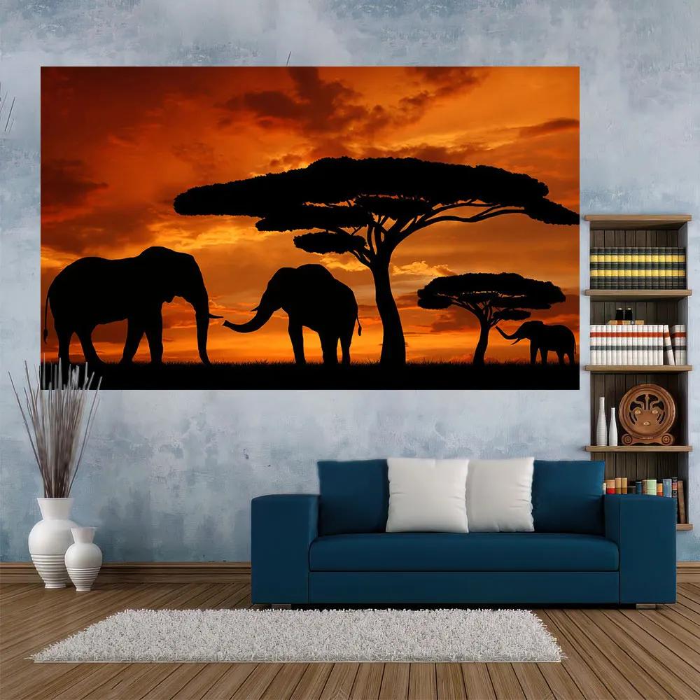 African QdDeco Grassland Scenery Tapestries Wall Hanging Elephant And Deer Sunset Landscape Printed Cloth Home Decor