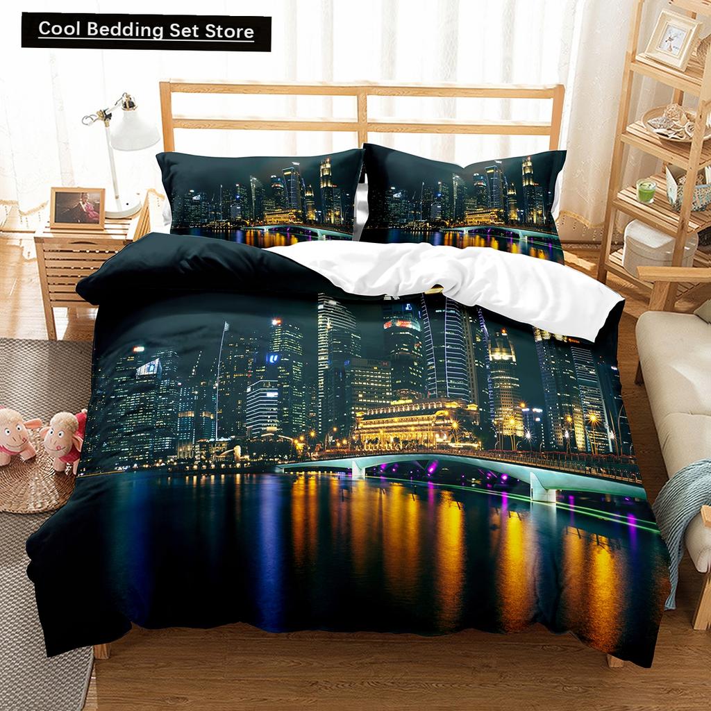Comforter Cityscapes King Queen Tall Buildings Landscape Bedding Set Busy Traffic View Polyester Comforter