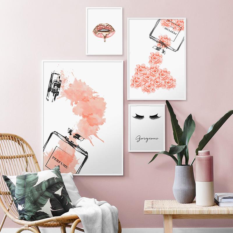 Pink Flower Paris Perfume Girl Lip Eyelash Wall Art Canvas Painting Nordic Posters And Prints Wall Picture For Grils' Room Decor
