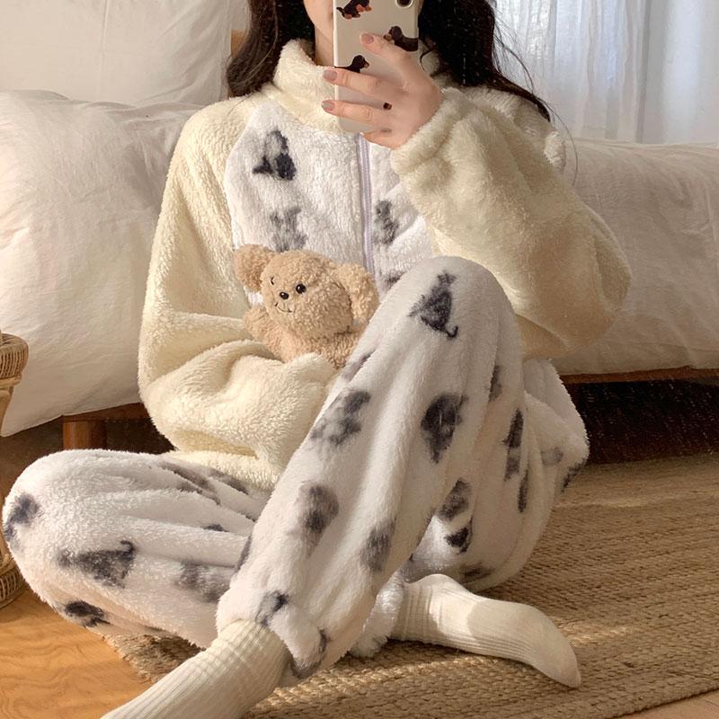 Ladies Pyjama Women Winter Flannel Pajama Set Fleece Pajamas Sleepwear Thick Warm Velvet Female Homewear Suit Cute Sweet Pijama