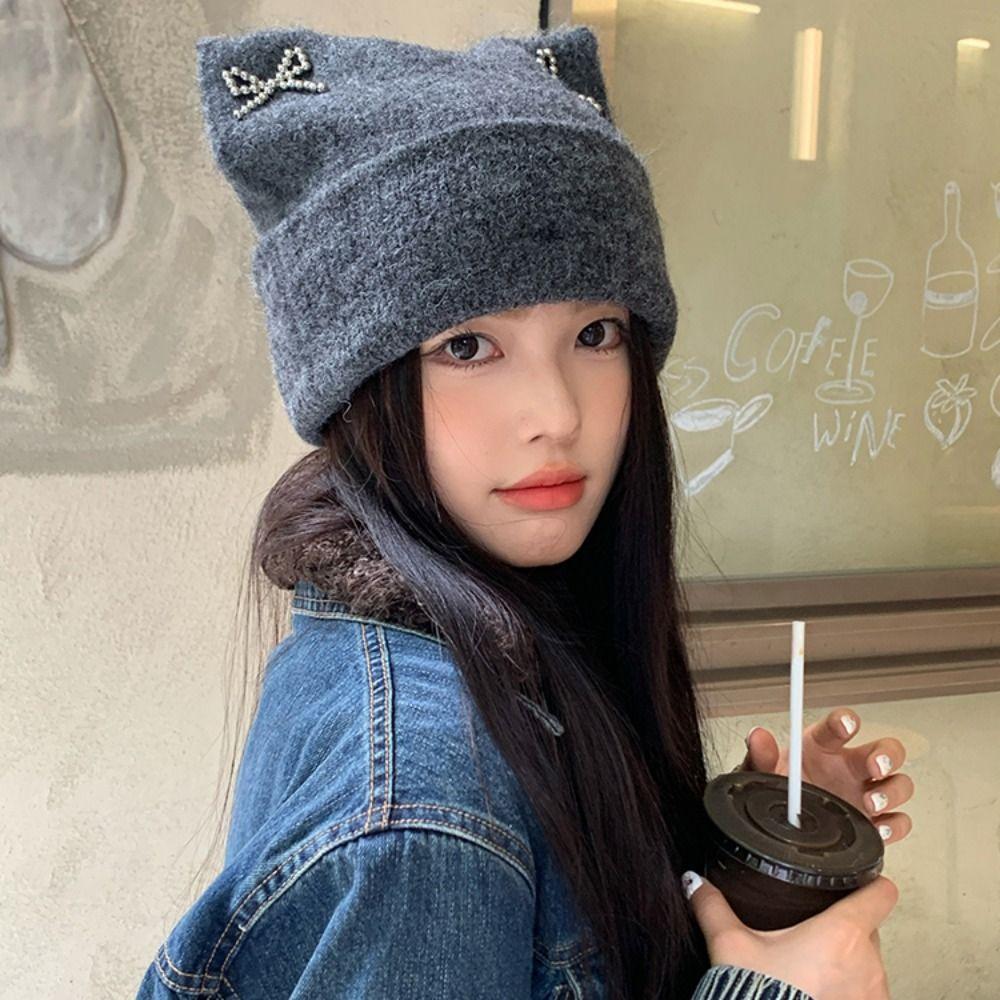 Bow Knitted Pullover Hat Fluffy Winter Wool Hat Keep Warm Cat Ears Beanie Hat  Girls