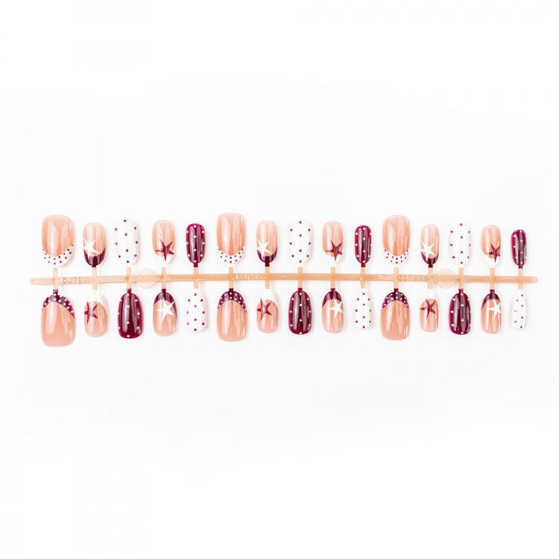 30-Piece Set: Trendy Polka Dot French Almond Wearable Ultra-Short Cute Manicure Stars.