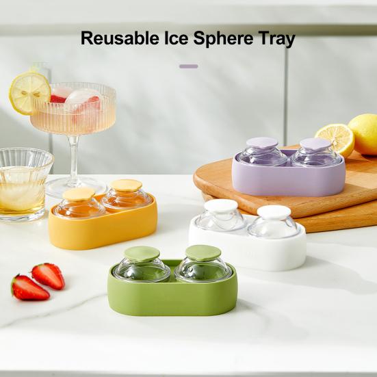 Yousheng Ice Ball Mold Tray 2 Cavity Spherical Ice Maker with Lid Non-Stick Silicone Freezer Mold for Whiskey Cocktails Mocktails Party Beverage