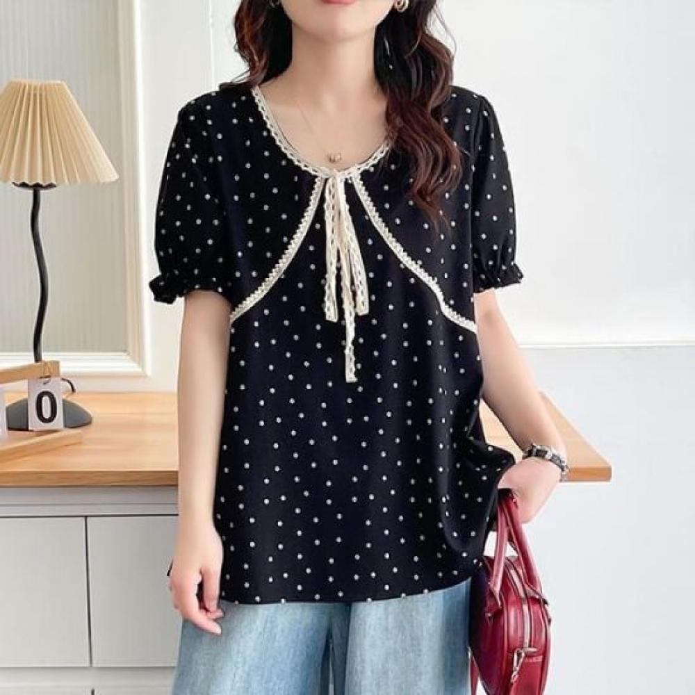 NaVaVa Women LoVely Dot V Neck Lace Short sleeVe Blouse Nb2669