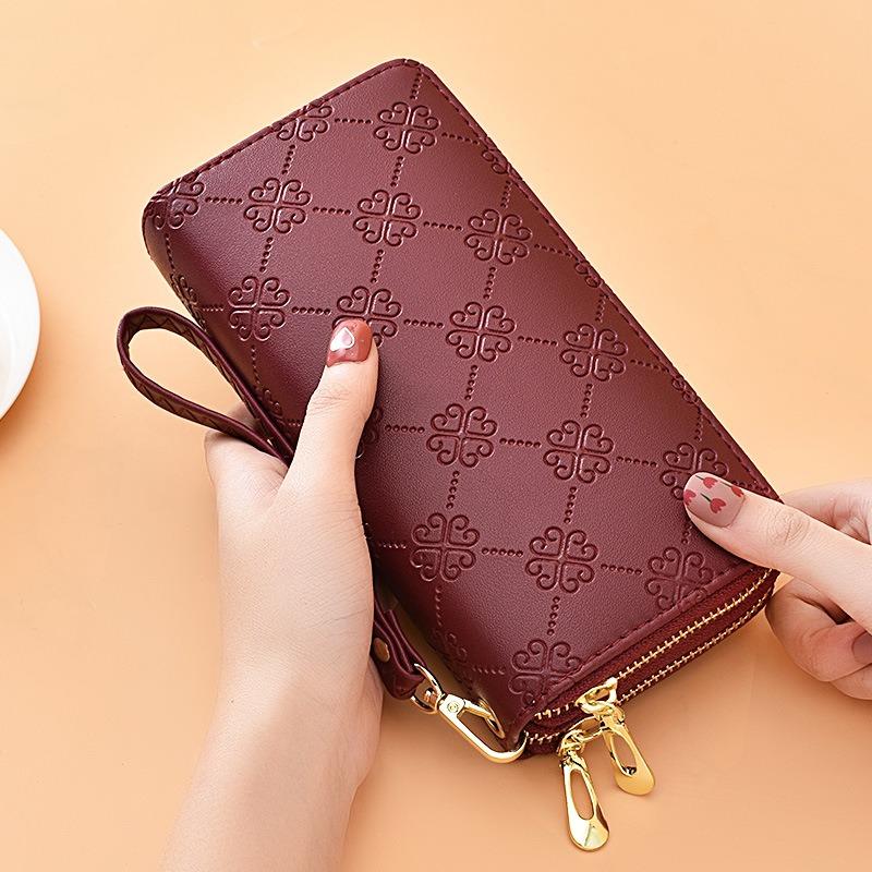 Wallet for women, long, European and American, shiny leather, double zipper handbag, large capacity, double-layer phone bag, frosted wrist wallet