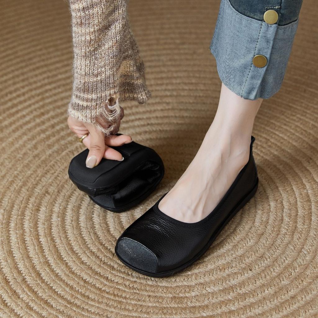 Genuine Leather Women Single Shoes Simple Flat Bottom Mom Shoes Square Head Shallow Mouth Flats Ladies Casual Comfort Shoes