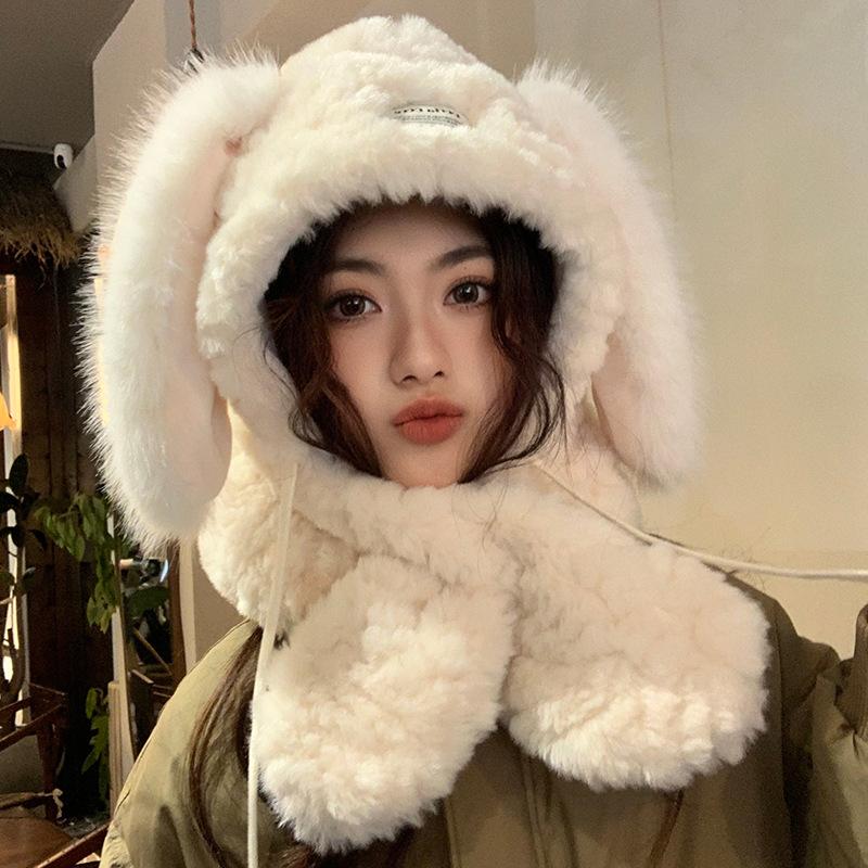 Niedliche Plüsch-Hasenohrmütze für Damen im Herbst und Winter, verdickte koreanische Version, die das Gesicht klein zeigt, warm und vielseitig, Schal-Mütze mit Ohrenschutz