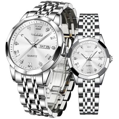 Couple's Watch, Popular Pair Watch, Quartz Movement, Diamond, Stainless Steel, Waterproof, Date Display, Luminous White, Couple Watch Set Gift