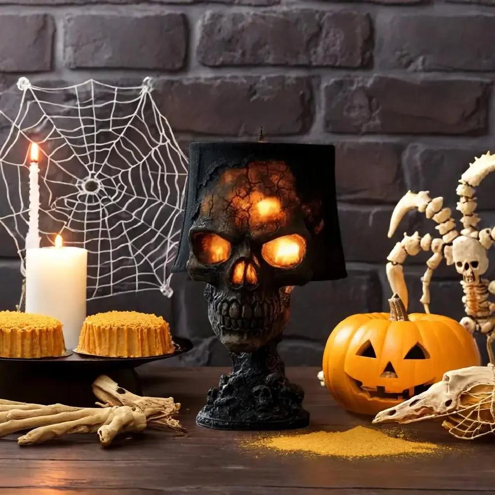 Skull Flame Table Lamp,Resin Craftsmanship Halloween Decorative Skull Lamp, LED Night Light,USB Rechargeable
