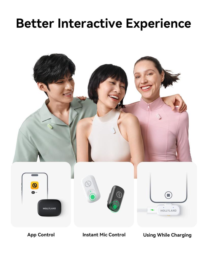 HOLLYLAND LARK A1 Combo Wireless Mini Microphone for iPhone Android TX 1 RX 1 Lightning RX Charging Magnetic Microphone for and Vlogging & (2 + USB-C