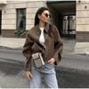 Fashion Brown Zipper Jacket For Women Elegant Lapel Long Sleeve Short Coats Female Vintage Lady Street Outerwear