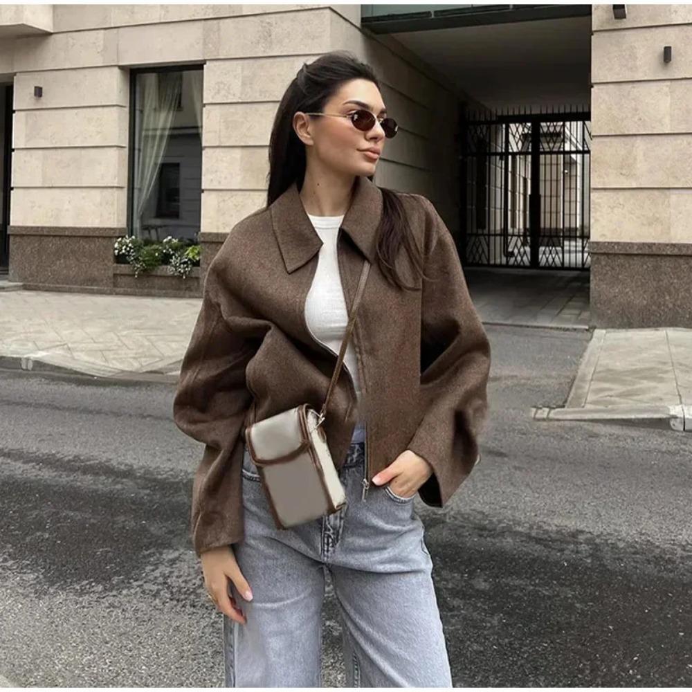 Fashion Brown Zipper Jacket For Women Elegant Lapel Long Sleeve Short Coats Female Vintage Lady Street Outerwear