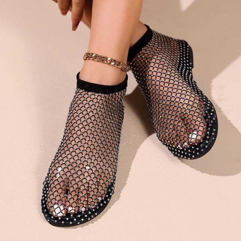 

Round head beach sandals women wear hollowed rhinestone one pedal breathable mesh sandals women low-top cool boots women 35 чёрный