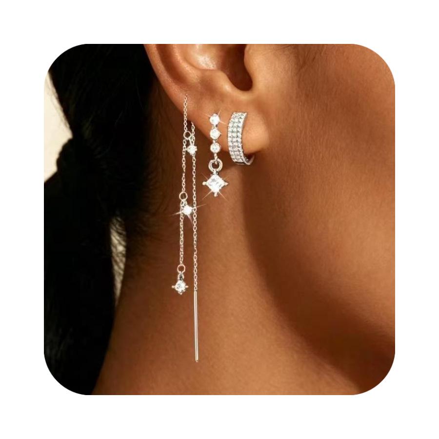 Star and Moon Tassel Earrings Set with Zircon Accents - European & American Style