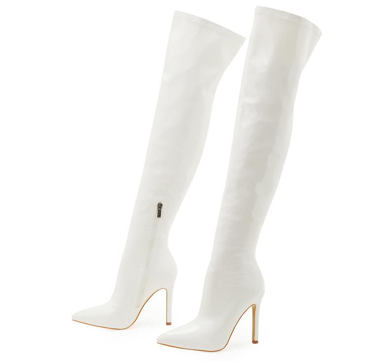 Cross2023 Women's Soft Patent Leather Stiletto Over-the-Knee Boots with Pointed Toe & Side Zipper