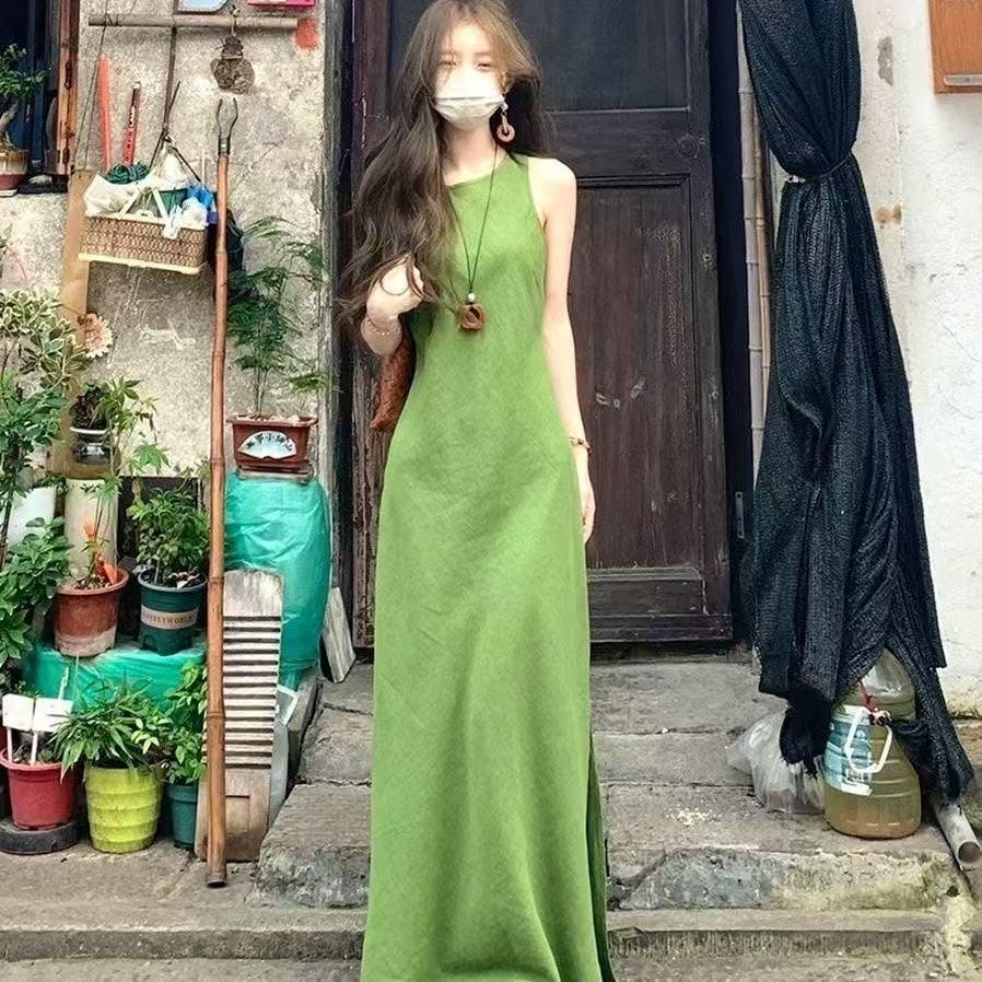 Retro Sleeveless Green Mori-style Summer Dress with Waist-cinching Slim Fit M