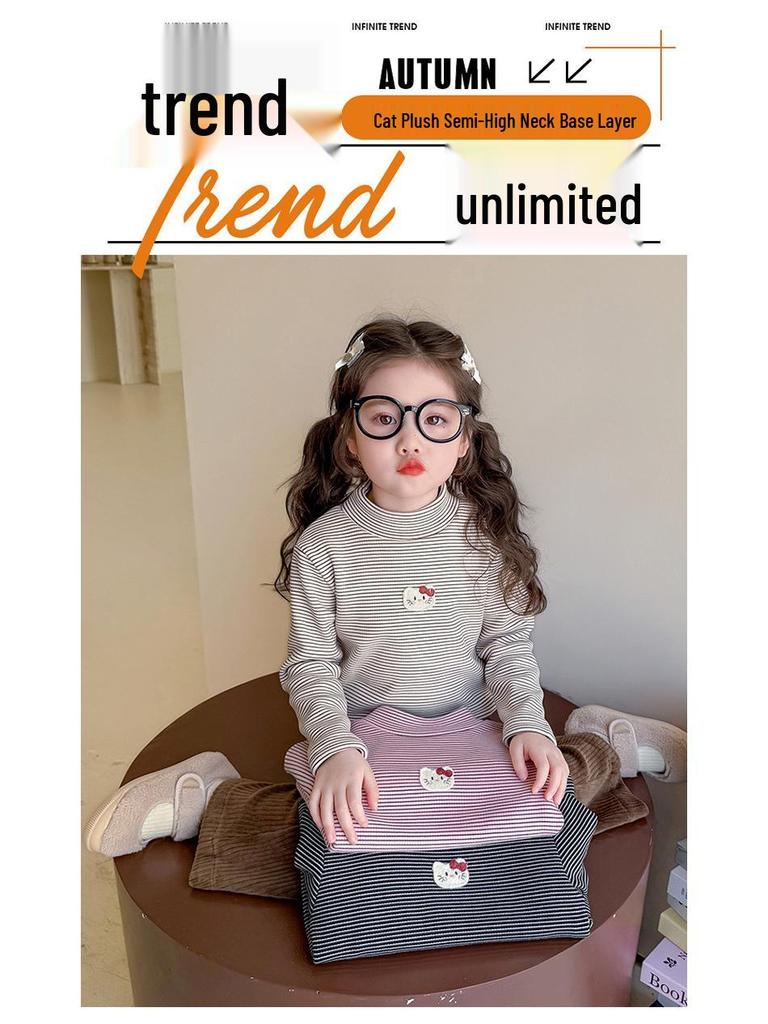 Girls' Fleece-Lined Long-Sleeve T-Shirt - Autumn/Winter Semi-High Collar Top