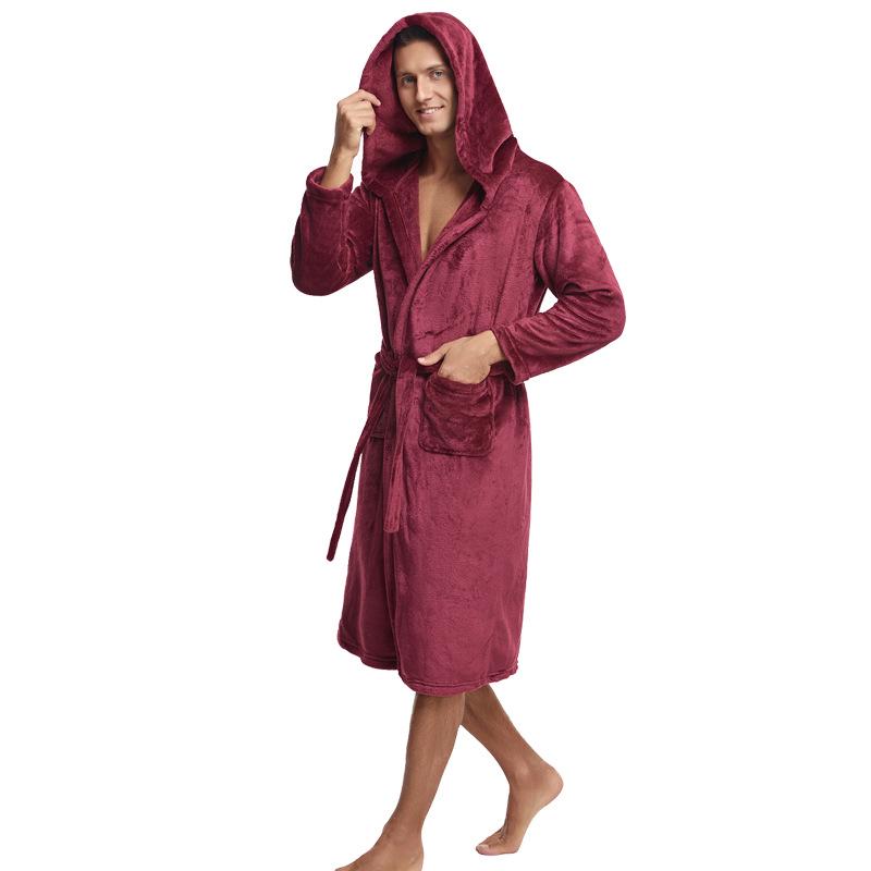 Men's Hooded Coral Fleece Flannel Bathrobe Pajamas Homewear