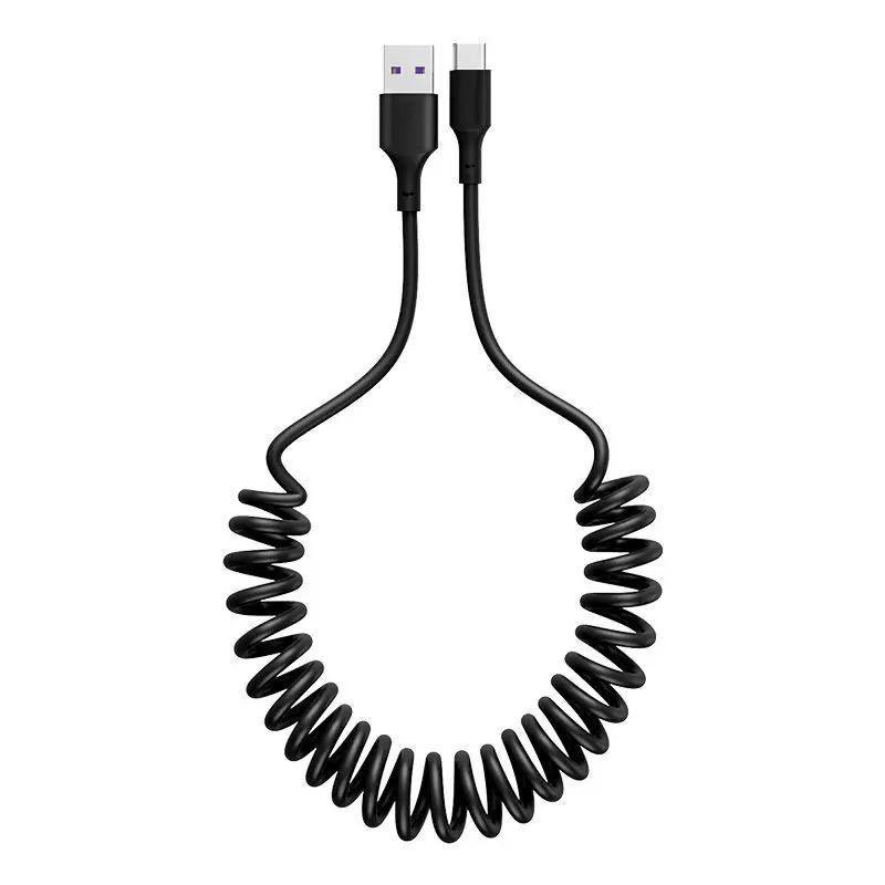 Spring Telescopic Type C Data Cable 66W 5A Fast Charging USB 3A Micro Car Phone Charger for iPhone 15 14 Pro Sumsung Xiaomi POCO
