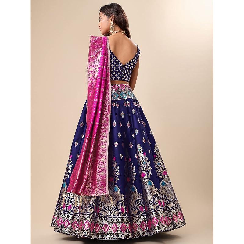 PURVAJA Women' Jacquard SemiStitched Lehenga Choli (IndraNavyBlue NavyBlue Free )
