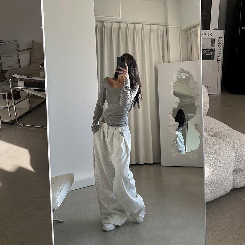 Spring Autumn Women's Solid Basic Sweat Pants Women Simple Y2K All Match Loose Wide Leg Stripes Trousers Vintage Oversize Streetwear Sports Bottoms